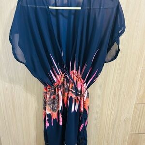 Navy Blue Sheer Waist-Drawstring Swim Cover-up with Pink-Orange Print